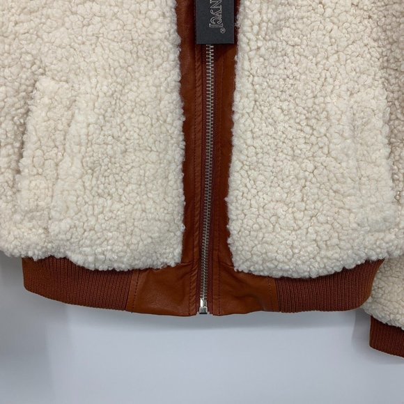 Blank NYC Jacket Faux Sherpa Leather Trim Beige Brown Full Zip - Picture 9 of 15